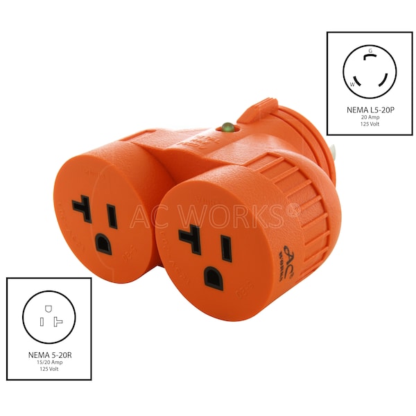 Adapter L5-20P 20A 125V 3-Prong Plug To Two 5-20R 20A Household Connectors